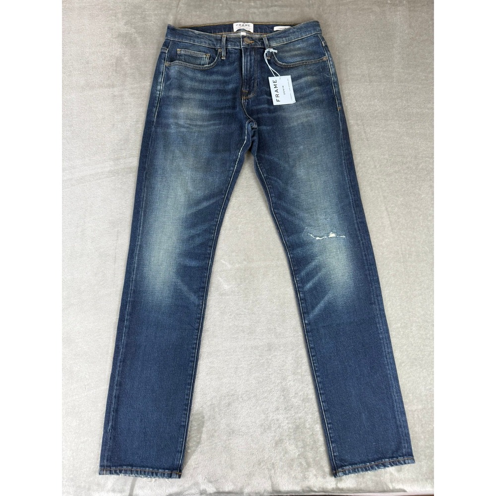 Frame L'Homme Slim Jeans Mens 32x34 Dark Blue Denim Stretch Distressed USA NWT
